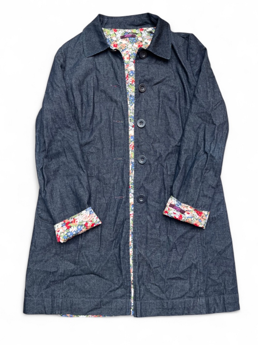 Liberty Arts Fabrics size M Women's Dark Indigo Denim Trench Coat with Floral